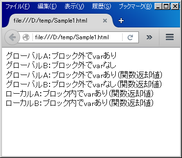 JavaScriptのグローバル変数とローカル変数のスコープを確認するサンプル