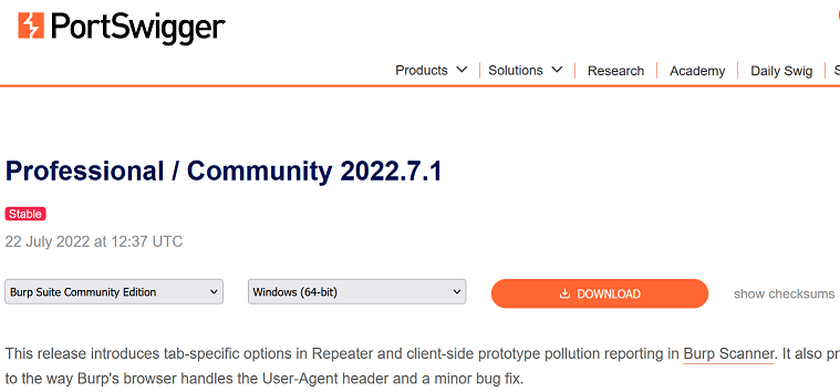 Burp Suite Community Editionのダウンロードページ