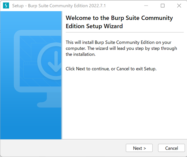 ダウンロードしたBurp Suite Community Editionのインストーラーを起動した際のイメージ（開始画面）