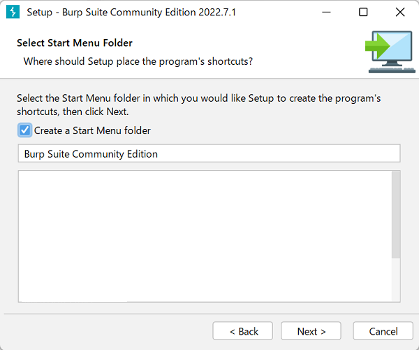ダウンロードしたBurp Suite Community Editionのインストーラーを起動した際のイメージ（メニューフォルダ選択）