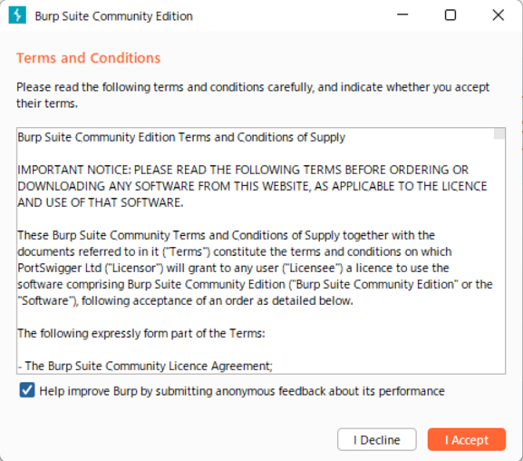 Burp Suite Community Editionの起動（規約）