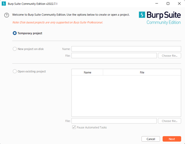 Burp Suite Community Editionの起動（プロジェクト選択）