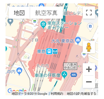 東京駅周辺のGoogle Mapsを埋め込む例のイメージ